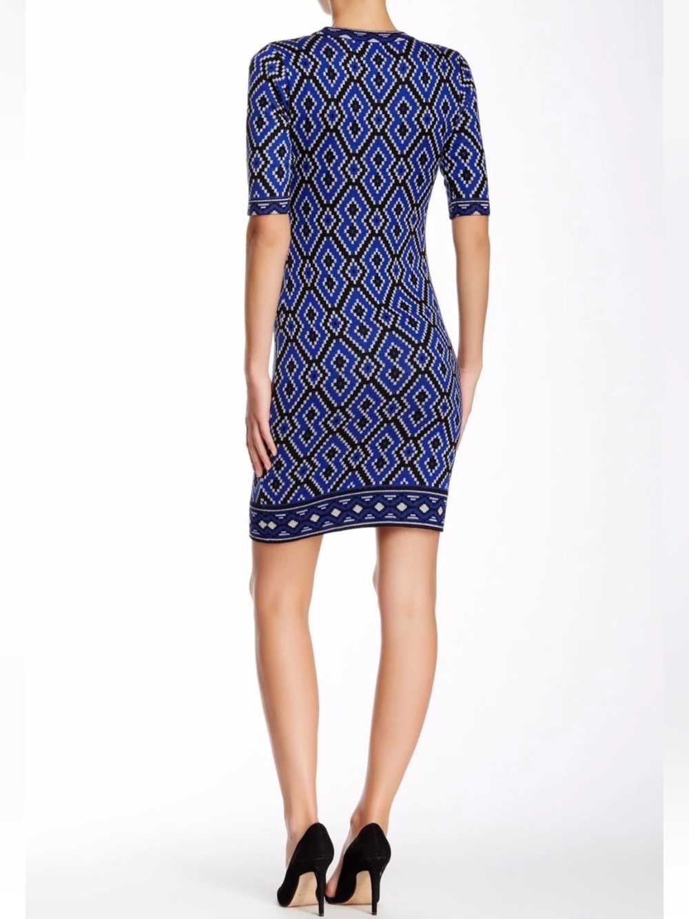 Beige by eci Blue and Black Geometric Knit Midi Sweater Sheath Dress Size Large
